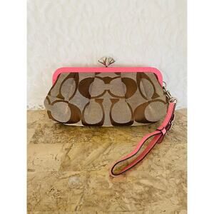 Vtg Coach Y2K jewel kisslock khaki signature snake skin clutch/wristlet pink bag